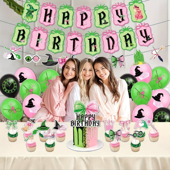 1set Witch Birthday Decorations Pink Green Party Supplies Set with Happy Birthday Banner, Witch Cake Topper, Cupcake Toppers, Balloons for Birthday Party Decor, Halloween Witch Party Decoration