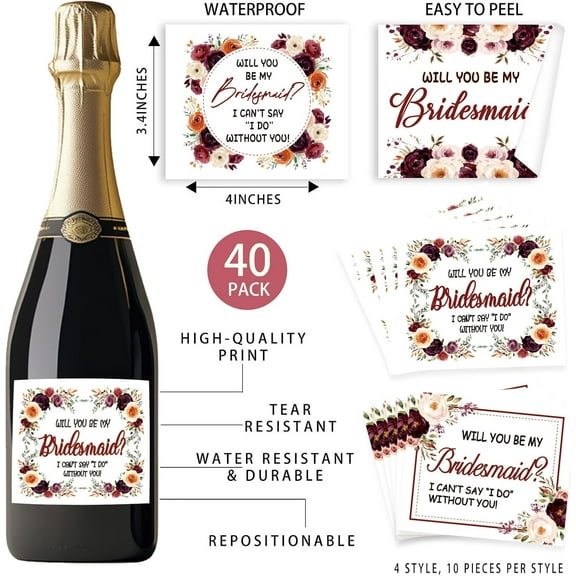 1set Wine Labels for Bottles 10 sets of 4 styles Labels Floral Bridesmaid Proposal Mini Champagne Bottle Labels Party Wine Bottle Labels Stickers Covers for Wedding Bridesmaid Proposal Gifts