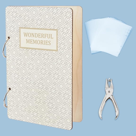 1set Wonderful Memories Greeting Card Organizer Planning Book Binder Card Keeper Birthday Cards Holder Window Grilles Wooden Keeper Binder Photo Album Cover with Punch and 20pcs Inner Pockets