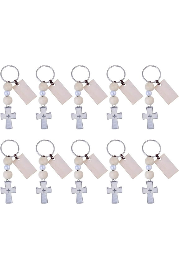 1set Wood & Alloy Enamel Pendants Baptism Keychin with Glass Pearl & Iron Split Key Rings Finding Cross 85mm 10pcs/set