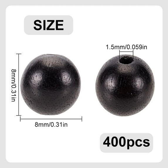 1set Wood Beads Waxed Wooden Beads Dyed Round Black 8mm Hole: 1.5mm 400pcs/set