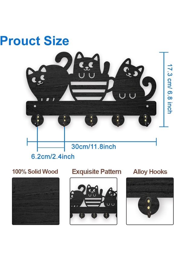 1set Wood & Iron Wall Mounted Hook Hangers Decorative Organizer Rack with 2pcs Screws 5 Hooks for bag Clothes Key Scarf Hanging Holder Cat Shape 173x300x7mm