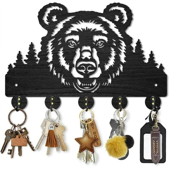 1set Wooden Bear Forest Coat Hooks Wild Animal Tree Key Holder for Wall 11.87.9inch Decorative Bear Head Key Hooks Organizer Rack with 5 Alloy Hooks for Gift Farmhouse Hallway Entryway Decor