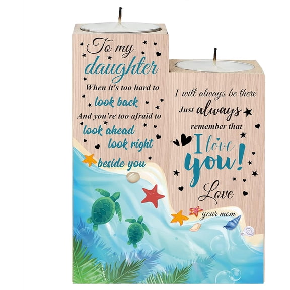 1set Wooden Candle Holders Gift to My Daughter Set of 2 Heart Candlestick Stand Ocean Starfish Shell Tealight Candle Holder for Birthday Valentines Anniversary Home Table Decor 3.5x4.7inch