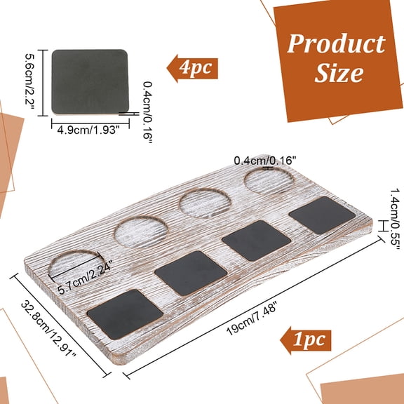 1set Wooden Shot Glasses Serving Tray Curved Rectangle with Small Blackboards Mixed color Plate: 190x328x14mm Round Tray: 57x4mm 1pc Black Board: 49x56x4mm 4pcs