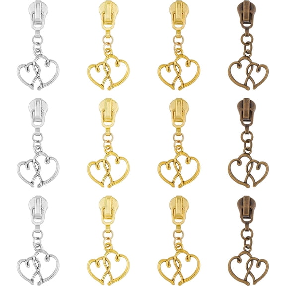 1set Zinc Alloy Zipper Slider with Double Heart Pendant Mixed color 3.9cm 4 colors 3pcs/color 12pcs/set