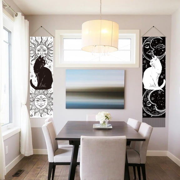 1set pack of 2 Black and White Cat Tapestries Sun and Moon Tapestry Vintage Black White Tassel Tapestry Wall Hanging for Bedroom Living Room Home 13 x 51 Inch
