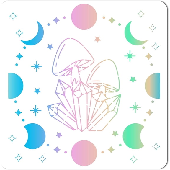 1sheet 12x12 Inch Moon Phase Stencil Mushrooms Templates Stars Pattern Large Reusable Plastic Square Stencils Magical Stencils Stencils Sign for Painting on Wood Wall Floor Fabric White