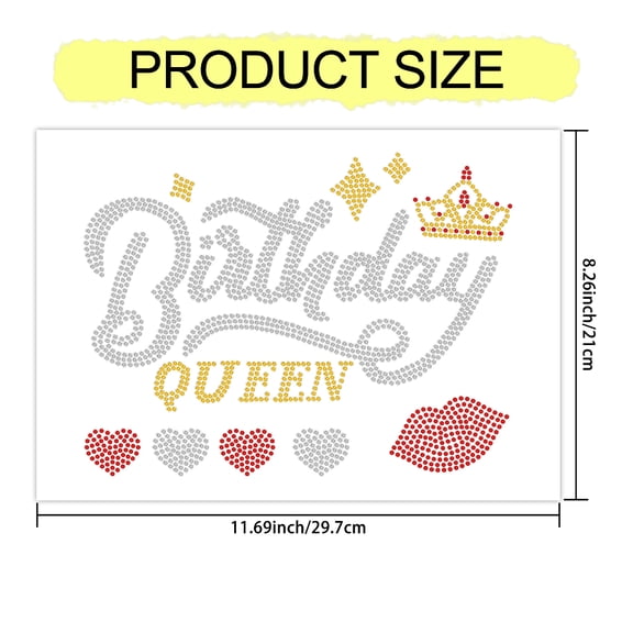 1sheet Birthday Queen Iron on Transfers Rhinestone Heat Transfer Decal Bling Patch Crown Heart Lip Pattern Birthday Party Iron On Stickers for Clothes bag Pant Fabric Decor