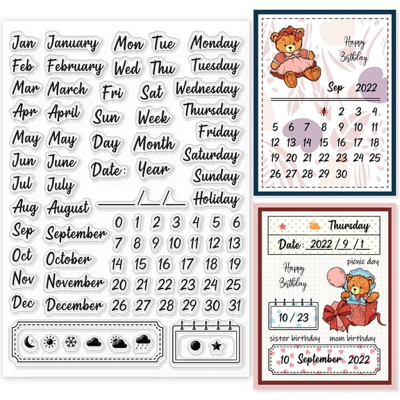 1sheet Calendar Date Clear Stamps Month Week Day Numbers Silicone Clear Stamp Seals for Cards Making DIY Scrapbooking Photo Journal Album Decoration 21x14.8cm/8.3x5.8inch