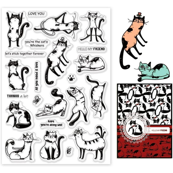 1sheet Cat Pattern Clear Stamps Cute Animal Blessing Words Transparent Rubber Stamps for DIY Scrapbooking