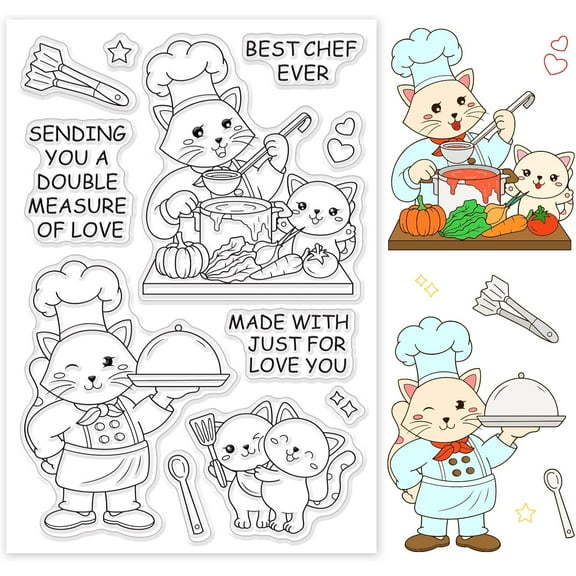 Cats Cooking Clear Stamps Animal Silicone Stamp for Card Making Food Chef Rubber Stamps Transparent Stamps for Paper Crafting Journaling Photo Album Decoration and DIY Scrapbooking