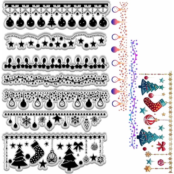 1sheet Christmas Decorative Edge Clear Rubber Stamps Hanging Ball Pine Tree Frame Xmas Reusable Transparent Silicone Seal Stamps for Winter Gift DIY Craft Scrapbooking Journaling Holiday Card Making
