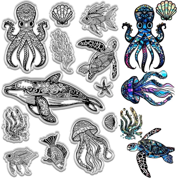 1sheet Fish Clear Stamps Sea Animals Turtle Reusable Transparent Silicone Stamp Seals for Journaling Card Making Decor DIY Scrapbooking oto Album Decorative Stamp Sheets