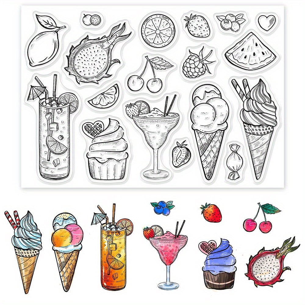 1sheet Food Patterns Clear Stamps Fruit Drinks Ice Cream Cupcakes ...