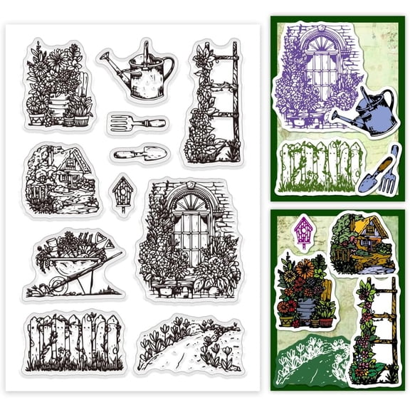 1sheet Gardening Clear Stamp Film Frame Rubber Stamps Garden Fence Flowers Tree Silicone Stamp for Card Making Photo Album Decoration and Scrapbooking 6.2x4.3inch