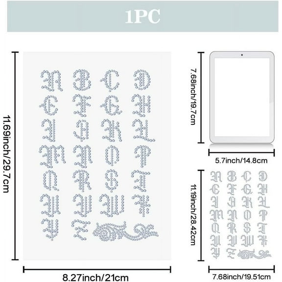 1sheet Gothic Font Rhinestone Iron on Transfer 11.7x8.3 Inch Heat Transfer Decal Bling Decals Clear Rhinestone Template Clothing Repair Applique for T-Shirt Clothing Pants Bags