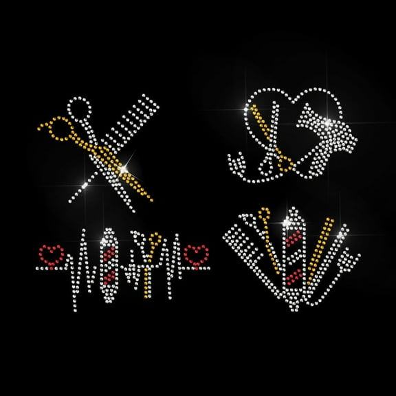 1sheet Hairdressing Tool Patterns Rhinestone Iron on Hotfix Transfer Decal Scissors Comb Bling DIY Patch Hair Dryer Curling Clothing Repair Applique for T-Shirt Hat Jacket DIY Craft