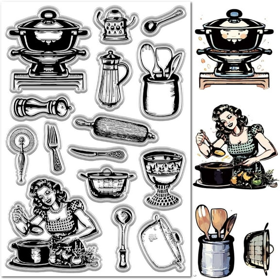 1sheet Kitchen Clear Stamps Pot Fork Spoon Kettle Women Cook Tools Silicone Stamp Reusable Vintage Transparent Rubber Stamps Seals for DIY Photo Scrapbooking Paper Card Making Album Decor Crafting
