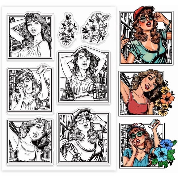 1sheet Lady Clear Stamps Avatar Frame Silicone Clear Stamp Seals Flowers Transparent Stamps for Scrapbooking Cards Making Photo Album Journal Storage