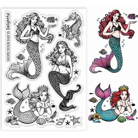 1sheet Mermaid Clear Stamp Ocean Silicone Stamp Shell Fish Seahorse Starfish Clear Stamps Transparent Rubber Stamp for Paper Crafting Photo Albums Holiday Cards Scrapbooking Gift Tags