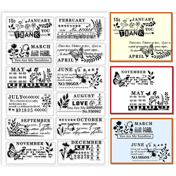 1sheet Month Clear Stamp Plant Butterfly Silicone Stamp Flower Words Clear Stamps Transparent Rubber Stamp for Paper Crafting Photo Albums Holiday Cards Scrapbooking Gift Tags Plastic