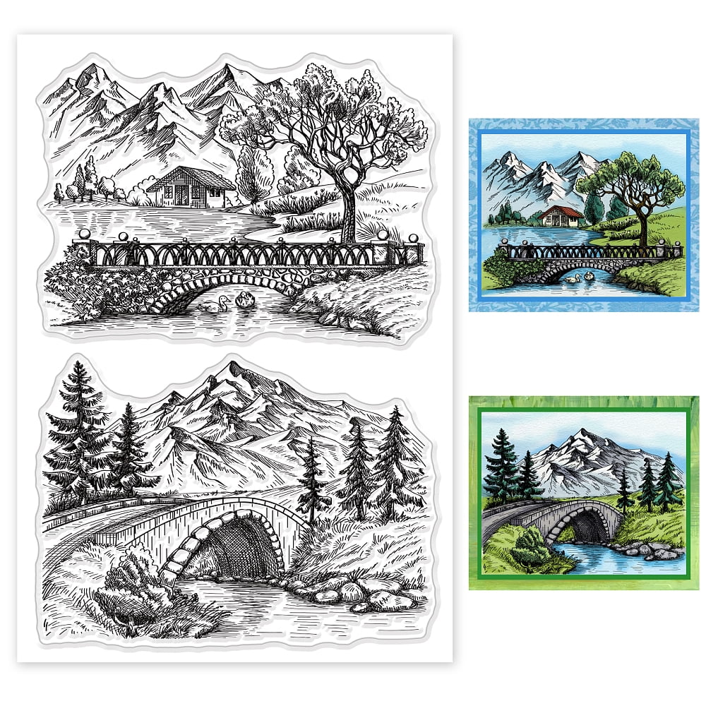 1sheet Realistic Landscape Background Clear Stamps Bridge River Tree ...