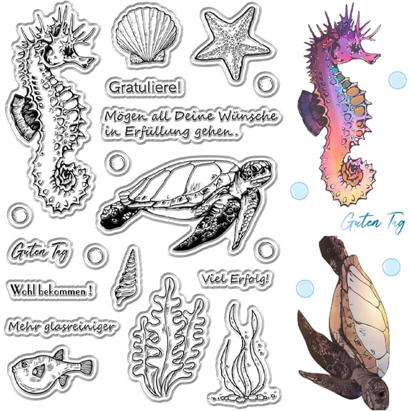 1sheet Sea Animals Clear Stamps Summer German Blessing Words Seahorse Marine Turtle Shell Starfish Seaweed Reusable Postmark Rubber Stamp Decorative Sea Card Making Album oto Decor 1sheet