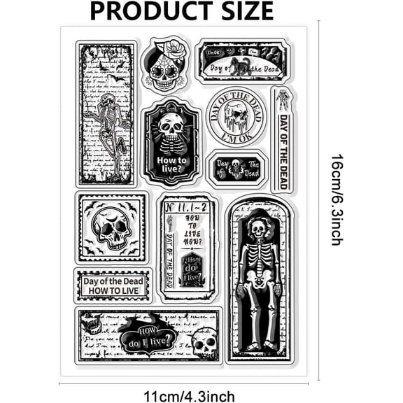 1sheet Skull Clear Stamps Day of The Dead Silicone Stamp Skeleton Black Cat Transparent Silicone Stamps for Scrapbooking Supplies Card Album Decoration Embossing Paper Craft