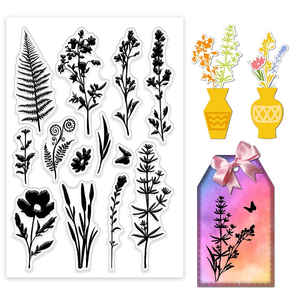 1sheet Spring Flower Silhouette Clear Stamps Fern Leaf Silicone Clear ...