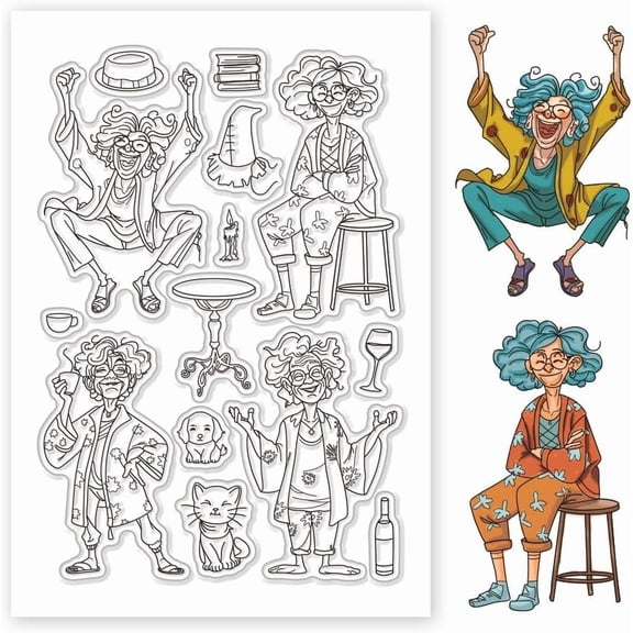 1sheet Vintage Old Lady Theme Clear Stamps Transparent Comic Book Silicone Stamps for Card Making Scrapbooking Crafting DIY Decorations