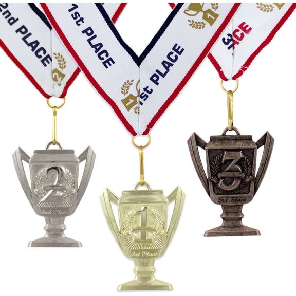1st 2nd 3rd Place Cup Star Award Medals - 3 Piece Set (Gold, Silver, Bronze) Includes Ribbon