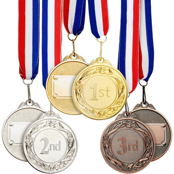 1st 2nd 3rd Place Medals - 2.6-Inch Zinc Alloy, 6-Pack, Red, White & Blue Ribbons - Customizable Medals for Cornhole, Pickleball & Basketball Tournaments
