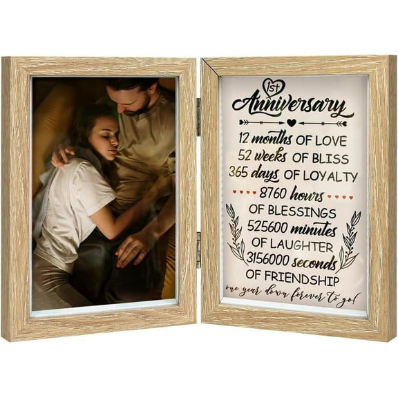 1st Anniversary Romantic Love Folding oto Frame 6x4 Wood 2 Vertical Visual Window Picture Frames with Paper Love Message Card Memorial Gift Tabletop oto Frame for Lovers Couples