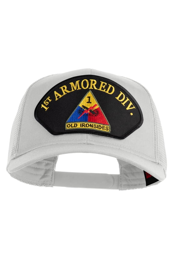 1st Armored Division Old Ironsides Patched Solid Cotton Twill Mesh Prostyle Cap - White OSFM