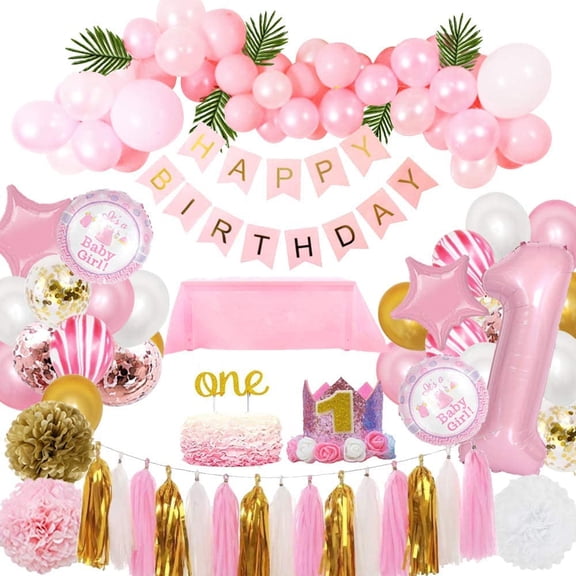 1st BIRTHDAY DECORATIONS for Girl Pink Theme Kit Set- Baby Girl 1st Birthday Party,Cake Topper Flower Crown Tiara Cap Headband Paper Tassel happy birthday Banner, Fiesta Pink Hanging Paper Fan Flower