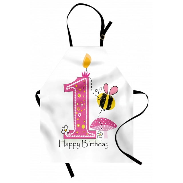 1st Birthday Apron Cartoon Style Image with the Bees Party Cake and the Candle Print, Unisex Kitchen Bib Apron with Adjustable Neck for Cooking Baking Gardening, Pink Black and Yellow, by Ambesonne