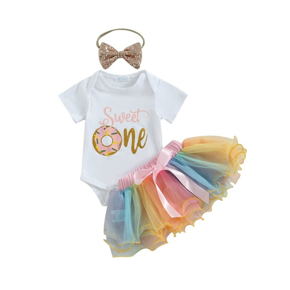 1st Birthday Baby Girl Clothes Sets Newborn Infant One Donuts Ice Cream Romper Tulle Skrits Headband Outfits