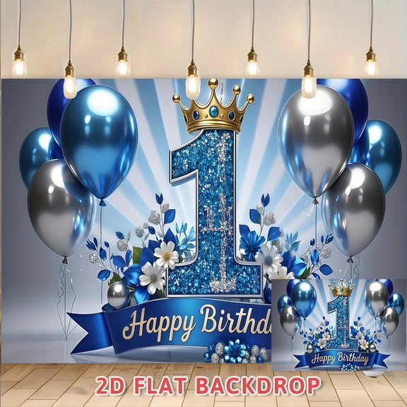 1st Birthday Backdrop Blue Silver Glitter Crown Number 1 Decorations Shiny Balloon Floral Design Background Banner Perfect For Birthday Party Photo Booth And Celebration Scene