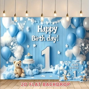 1st Birthday Backdrop Blue Themed Party Decorations Balloon Bear Cloud Printed Background Cloth For Birthday Celebration Photo Booth Event Supplies