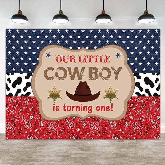 1st Birthday Backdrop Our Little Cowboy is Turning One Photography Background Wild West Rodeo Hat Cow Print Boys First Birthdays Party Banner Decorations Kids Parties Photo Booth Prop