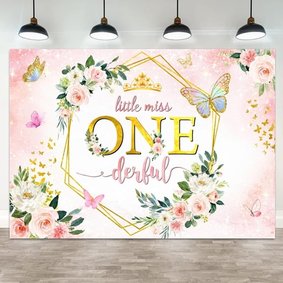 1st Birthday Backdrop Little Miss Onederful Pink Floral Butterfly Princess Background for Girl Gold Crown Watercolor Floral Birthday Party Decorations Banner Photo Booth Props