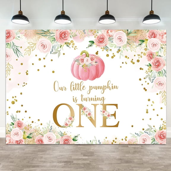 1st Birthday Backdrop Our Little Pumpkin is Turning One Photography Background Pink Floral Green Leaf Sweet Girl First Birthdays Party Decorations Banner Supplies Photo Booth Props
