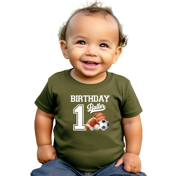 1st Birthday Baller Shirt for Boys Sports Theme Party T-Shirt for 1 Year Old Toddler Military Green Shirt 12 Months