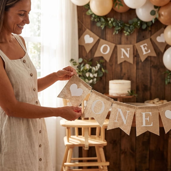 1st Birthday Banner for High Chair, Rustic ONE Bunting Flags, Neutral Boho Baby Party Decorations, Fabric Photo Prop for Boy Girl Cake Smash