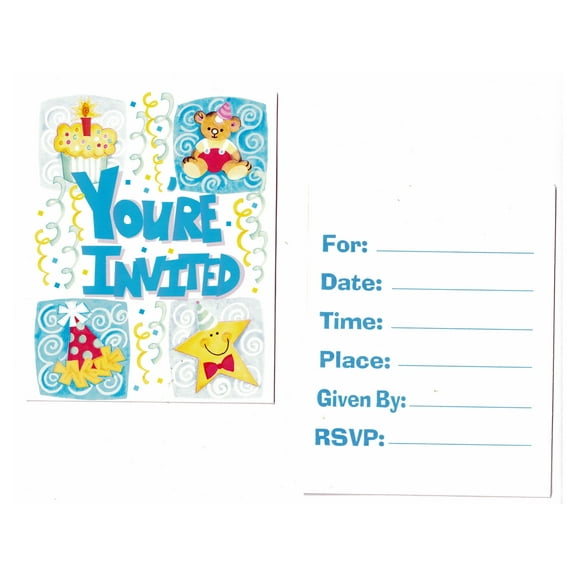 Various 1st Birthday Blue Printed Invitation Cards, 8 Count