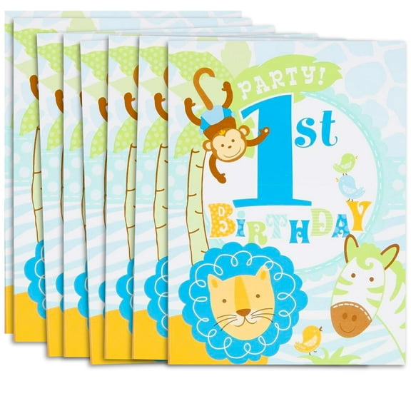 1st Birthday Blue Safari 8 Invitations with Envelopes Animals Monkey
