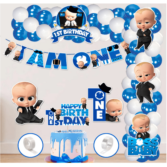 1st Birthday Boss Baby Theme Balloon arc decoration,Boss Baby Theme First Birthday for Boys with Birthday Paper Banner Cardstock Cake Toppers Balloons Birthday Decoration Kit (Pack of 60)