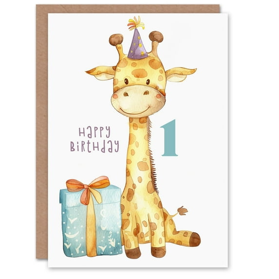 1st Birthday Card Cute Baby Giraffe in Party Hat Cartoon Kids Age 1 Year Old Child For Son Daughter Girl Boy Happy Card