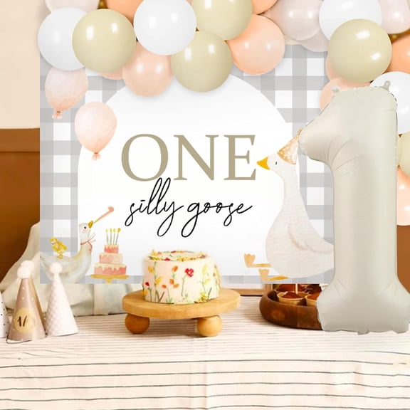 1st Birthday Decor Set in Soft Colors with a Cartoon Goose Theme - A Warm and Childlike Background Cloth and Foil Balloon Combination for Baby Party Decorations